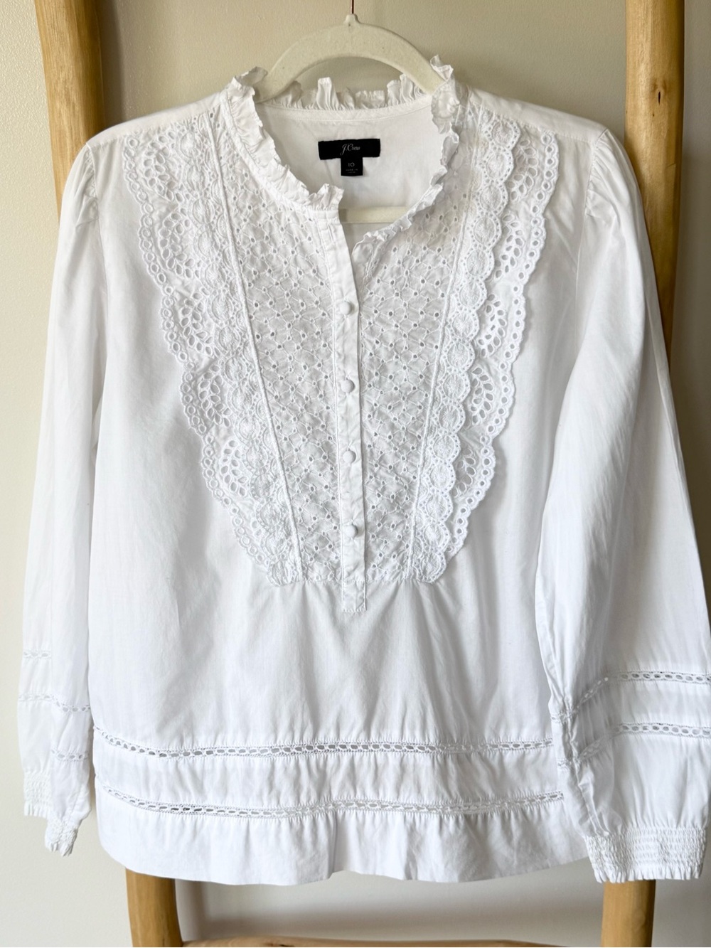 J. Crew White Ruffle Collar Eyelet Lightweight Cotton Long Sleeve Blouse Top 10 - Picture 5 of 14